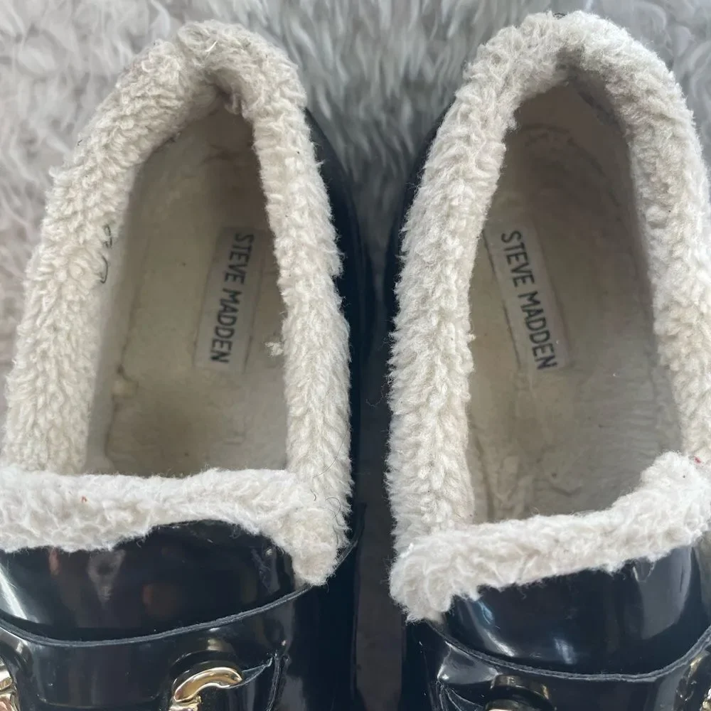 Steve Madden synthetic black Patent Chunky lug loafers bit buckle accent SZ11M